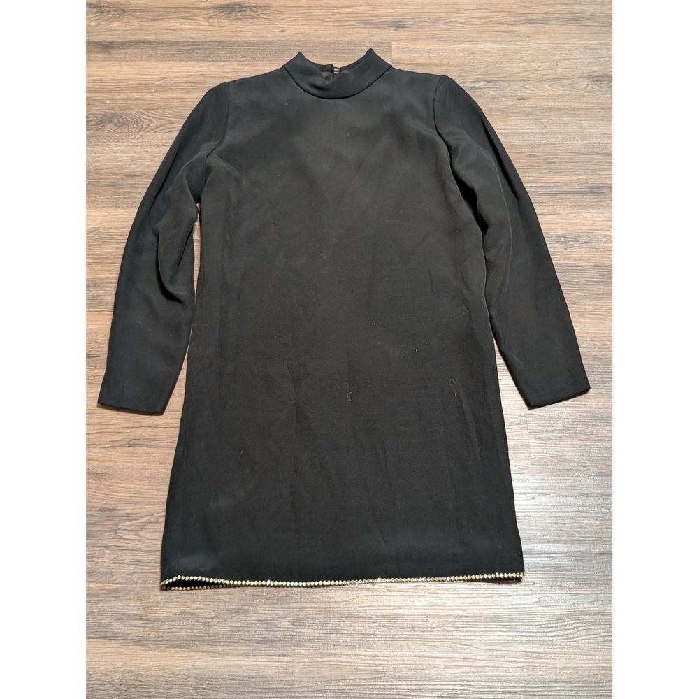 Mark‎ Heister Black High Neck Mini Shift Dress Rhinestone Hem Long Sleeve XS